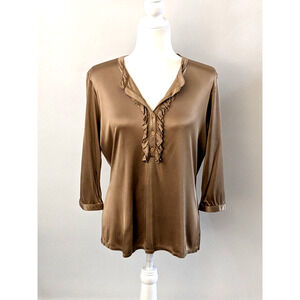 CITY UNLTD Toffee Gold Ruffle V-neck Long Sleeve Blouse SZ XL